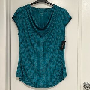 Worthington Teal and Black Patterned Cowl Neck Blouse